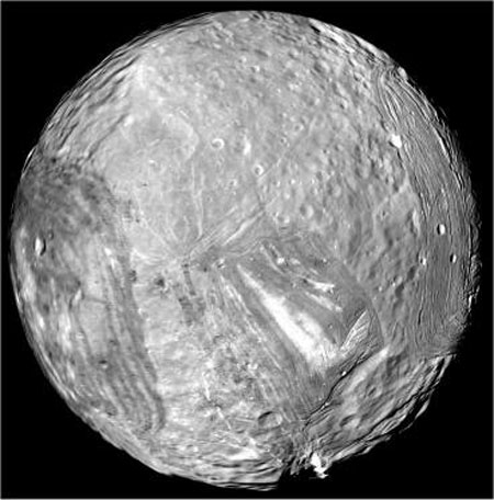 Ice on Miranda (one of Uranus' moons). Source: NASA/JPL
